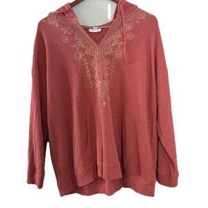 J. Jill Waffle Knit Hoodie Thermal 3/4 Sleeve Top Salmon Pink Embroidered Sz XL